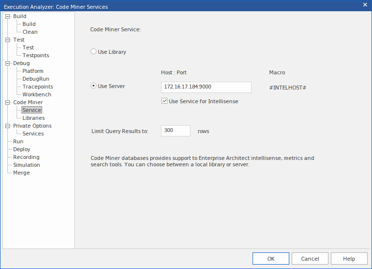 Configuring the code miner service in Sparx Systems Enterprise Architect.