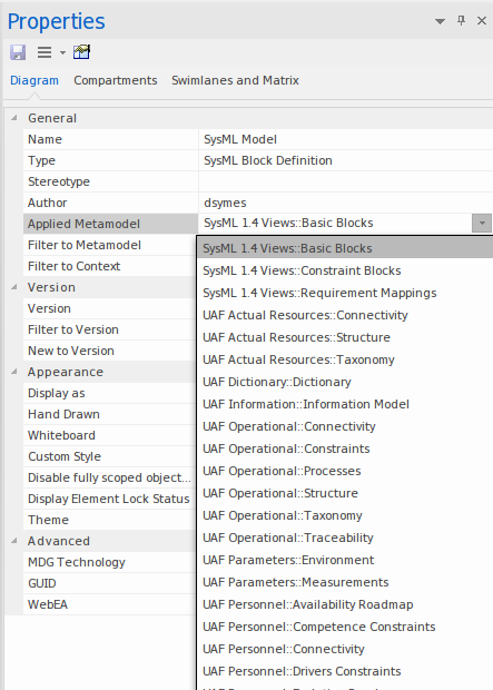 Showing how to set the Applied Metamodel property for a diagram in Sparx Systems Enterprise Architect.