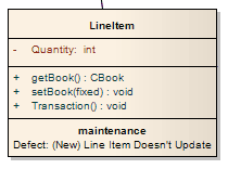 A UML Class element in Sparx Systems Enterprise Architect showing a maintenance compartment containing a defect maintenance item.