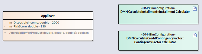 Integrate a DMN Model and Class Element by placing DMNSimConfiguration artifacts on the class diagram in Sparx Systems Enterprise Architect.