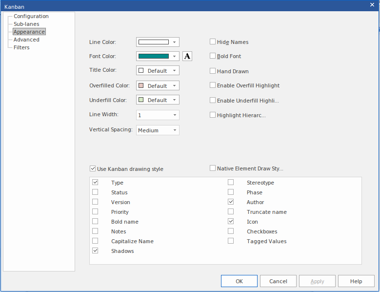 Setting appearance options for lanes on a Kanban Diagram in Sparx Systems Enterprise Architect.