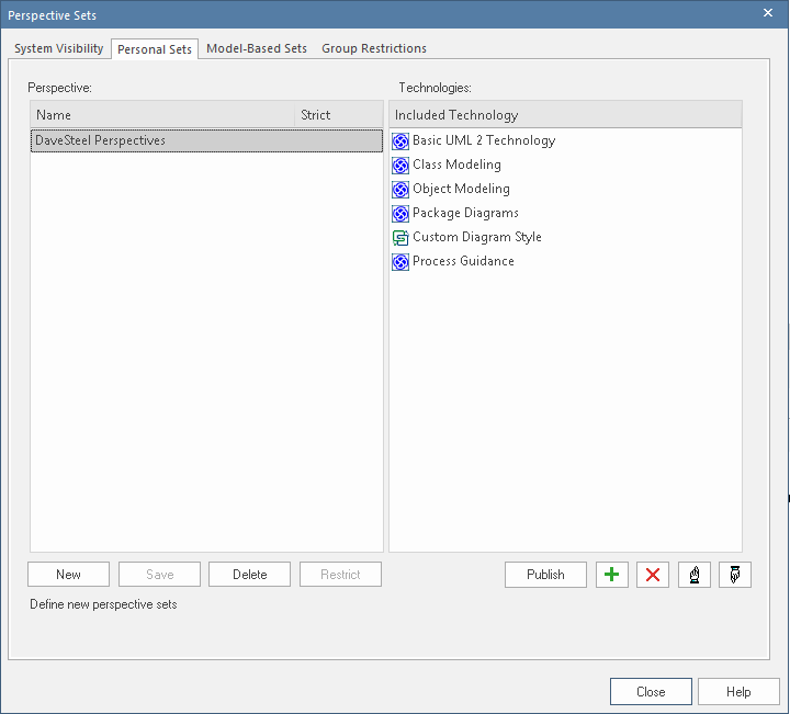 Showing the table in which personal custom perspectives are created in Sparx Systems Enterprise Architect.