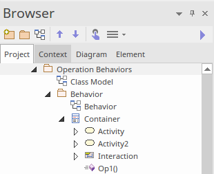 A screenshot from Sparx Systems Enterprise Architect showing a UML Class element that owns an Operation in the Project Browser.