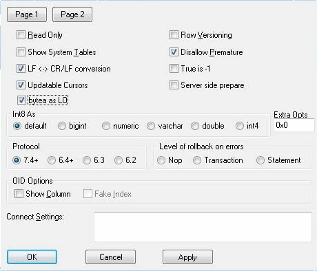 Advanced options page 2 for PostgreSQL in Sparx Systems Enterprise Architect.