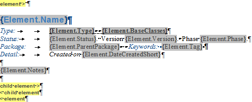 Setting no fields in a Child Section to render the Elelement Section Fields of a Report Template using Sparx Systems Enterprise Architect.