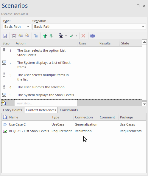 Creating a structured scenario using Enterprise Architect's Scenario Builder.