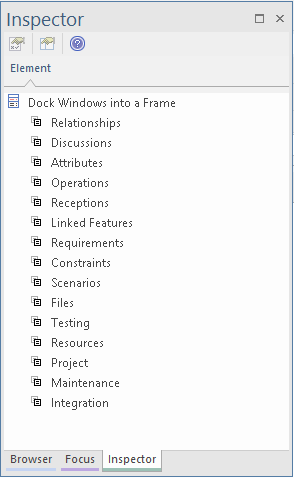 Tabs on a docked window in Sparx Systems Enterprise Architect.