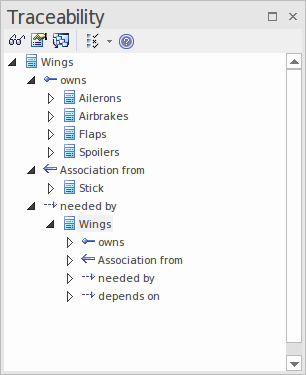 Using the Traceability window to trace Time Aware Modeling dependencies, in Sparx Systems Enterprise Architect.