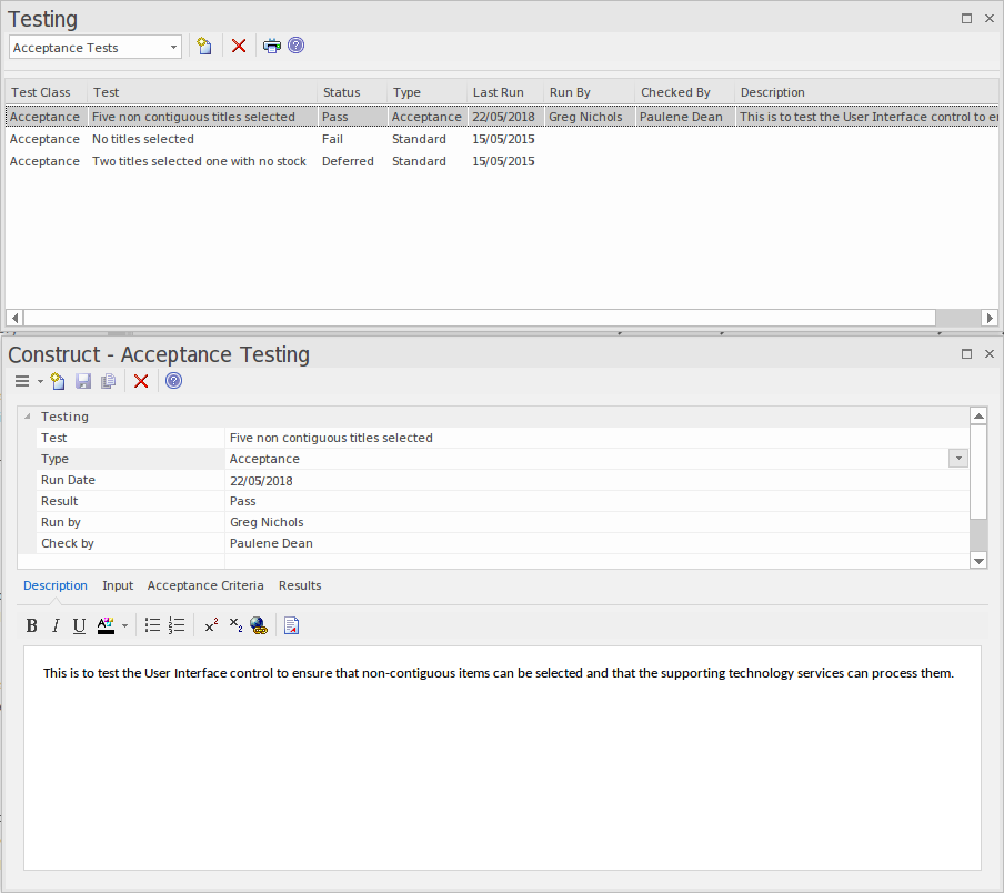 Defining acceptance tests in the testing window in Sparx Systems Enterprise Architect.