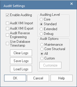 The Audit Settings dialog in Sparx Systems Enterprise Architect.