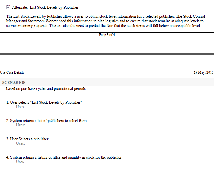 Outputting a use case document showing structured scenario in Sparx Systems Enterprise Architect.