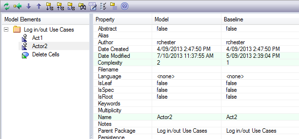 An example baseline comparison in Sparx Systems Enterprise Architect.