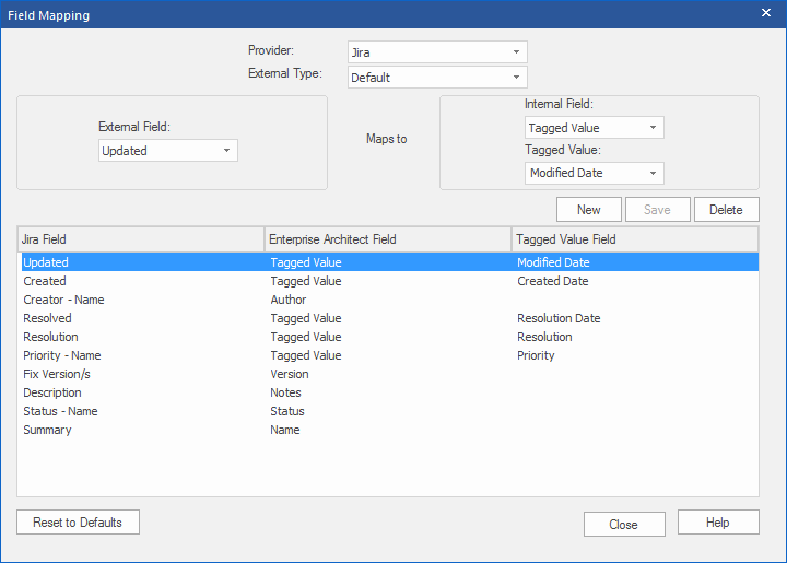 Configuration options for mapping of external item's fields to local Enterprise Architect element properties