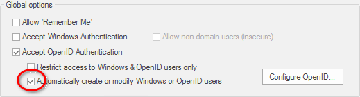 Tick the option to 'Automatically create or modify Windows or OpenID 用户'