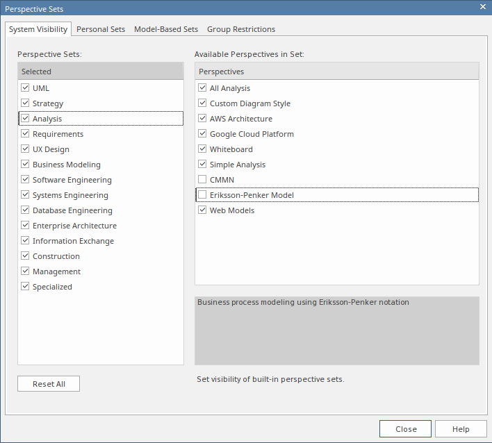 Showing how to exclude perspectives from a perspective set in Sparx Systems Enterprise Architect.