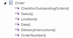 A screenshot from Sparx Systems Enterprise Architect showing how a UML Class element with owned Operations appears in the Project Browser.