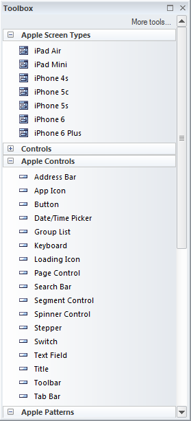 Diagram toolbox for Apple wireframe diagrams in Sparx Systems Enterprise Architect.