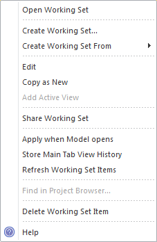 Working set context menu in Sparx Systems Enterprise Architect.