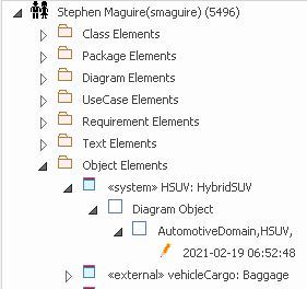 Showing the audit tree with changes grouped by user, in Sparx Systems Enterprise Architect.