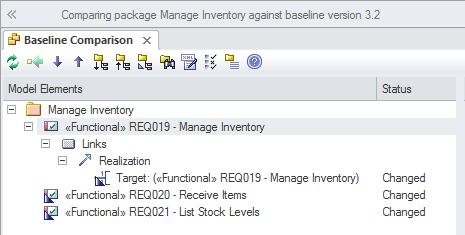 Showing results of a baseline comparison in Sparx Systems Enterprise Architect.