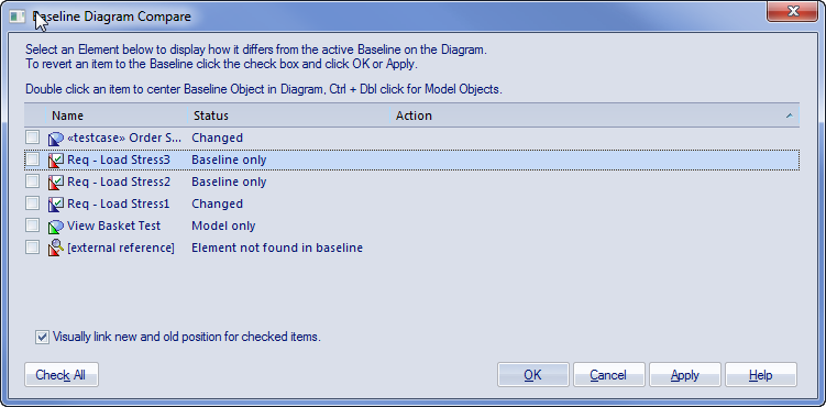 The Baseline Diagram Compare dialog in Sparx Systems Enterprise Architect.