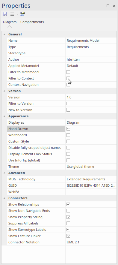 Diagram appearance properties in Sparx Systems Enterprise Architect.