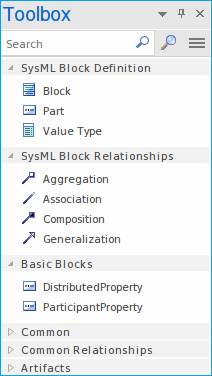 Showing a reduced diagram toolbox as defined by an applied metamodel, in SParx Systems Enterprise Architect.