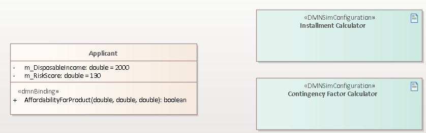 Integrate a DMN Model and Class Element by placing DMNSimConfiguration artifacts on the class diagram in Sparx Systems Enterprise Architect.