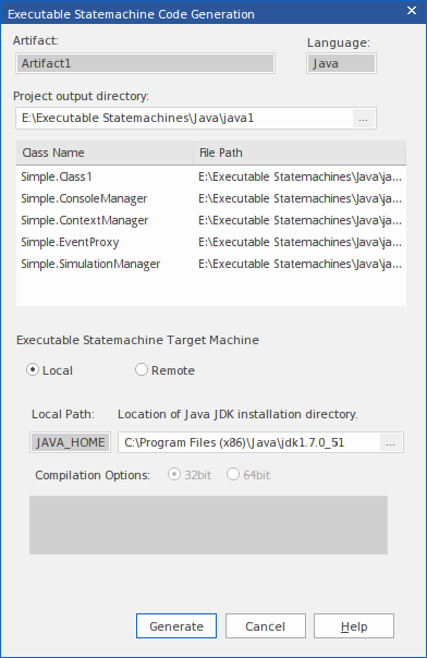 The code generation dialog for an executable state machine