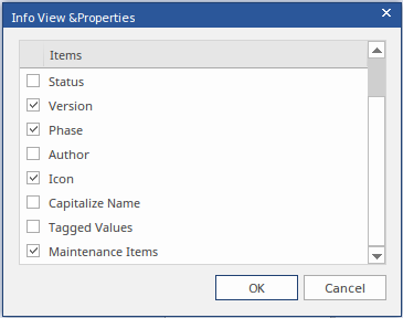 The Info View Properties dialog is used to define the information shown in an element displayed in the Info View style.