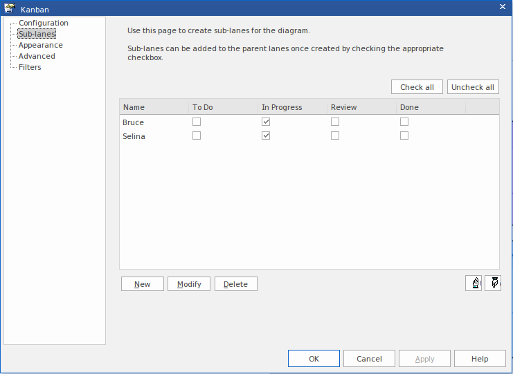 Setting sub-lanes options for lanes on a Kanban Diagram in Sparx Systems Enterprise Architect.