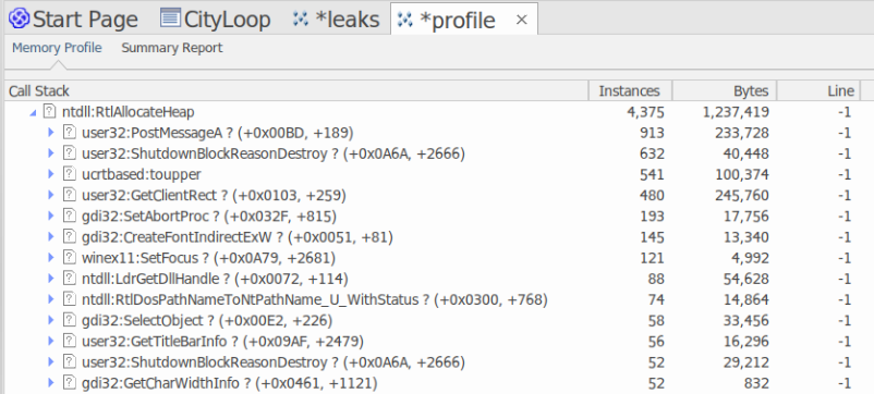 Example profile showing program areas where memory allocations are most frequent