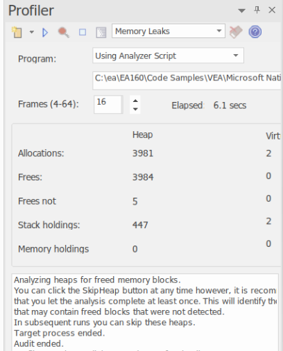 Memory leaks profiling interface in Enterprise Architect