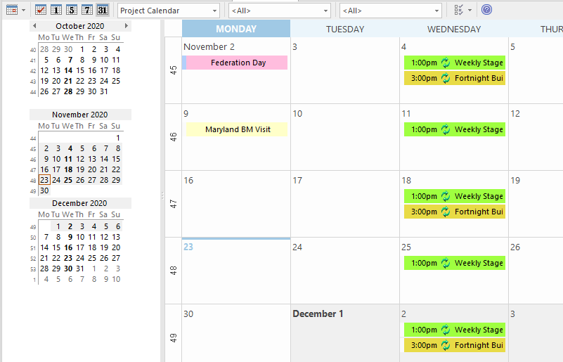 The project calendar in Sparx Systems Enterprise Architect.