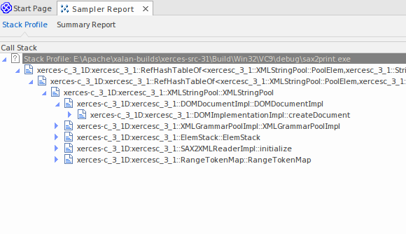 The Stack Profile is not sampled, but shows every instance of a particular call stack as individual lines in a graph.