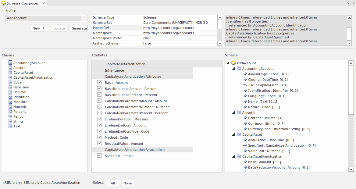 Technology support in the Schema Composer includes specifications from organizations like the United Nations Centre for Trade Facilitation and Electronic Business (UN/CEFACT)