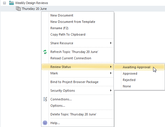 Context menu for topics in the Team Review window.