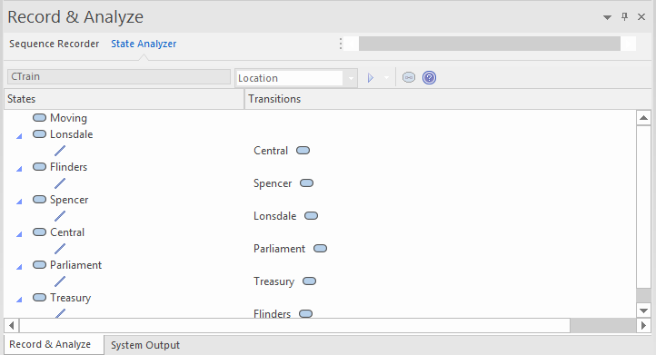 The image shows a live view of state transitions detected in a running process using Enterprise Architect State Definitions