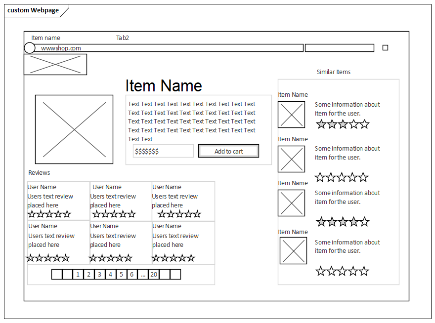 Example Webpage wireframe diagram created in Sparx Systems Enterprise Architect