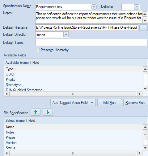 An import/export specification for CSV import/export.