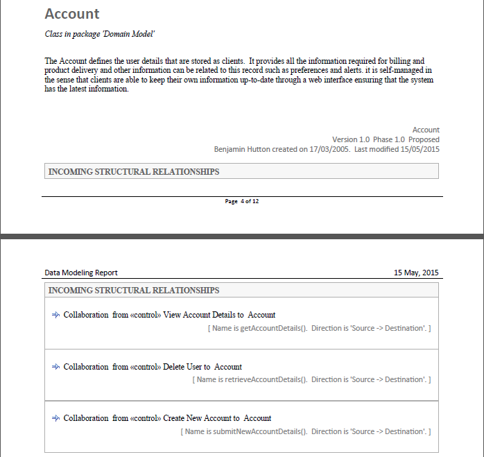 The results of documenting a model using the Data Dictionary report template, in Sparx Systems Enterprise Architect.