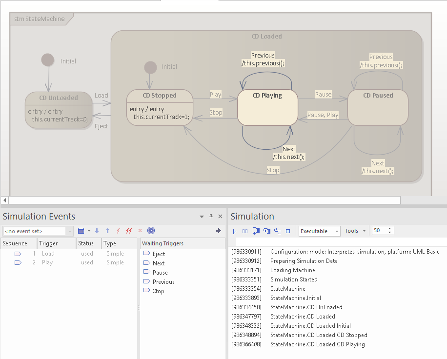 Visualization of a running executable statemachine in Enterprise Architect's simulation tool