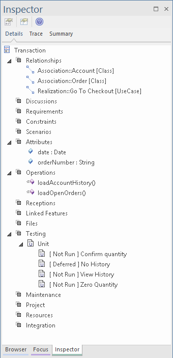 Viewing a UML Class element in the Element Browser in Sparx Systems Enterprise Architect.