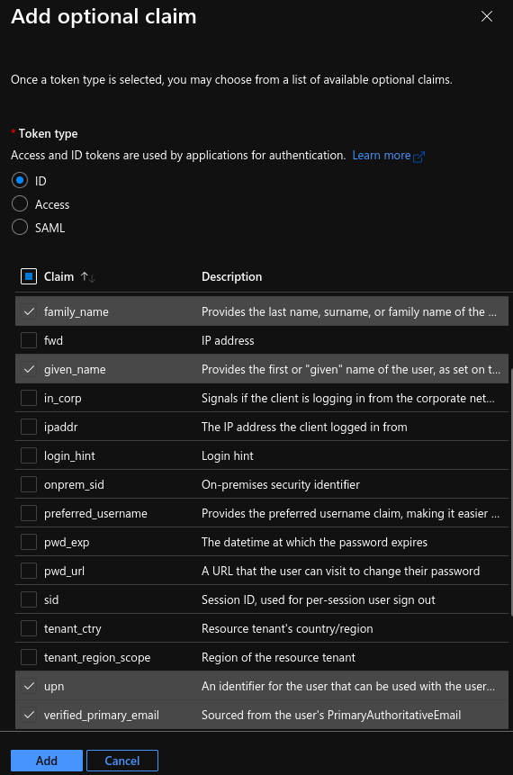 Select the required additional claims to be added to the ID token