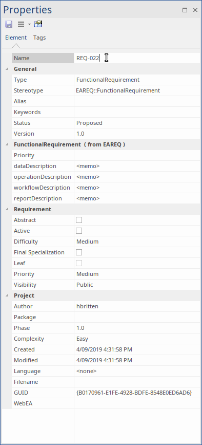 The properties sheet for a Requirement element in the Element Properties docked window in Sparx Systems Enterprise Architect.