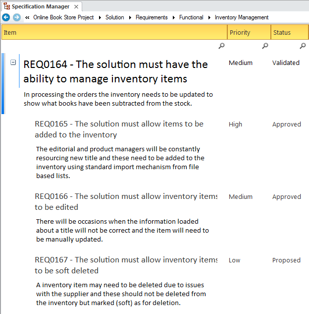 Changing the priority of a requirement element in the Specification Manager.