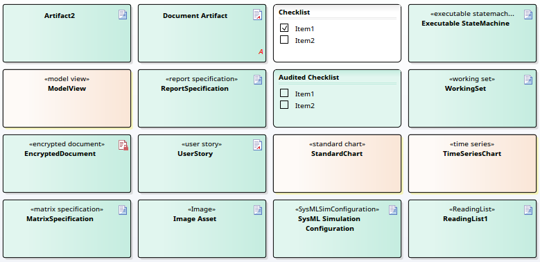 Different kinds of UML Artifact element that can be created using Sparx Systems Enterprise Architect. Different kinds of UML Artifact element that can be created using Sparx Systems Enterprise Architect.