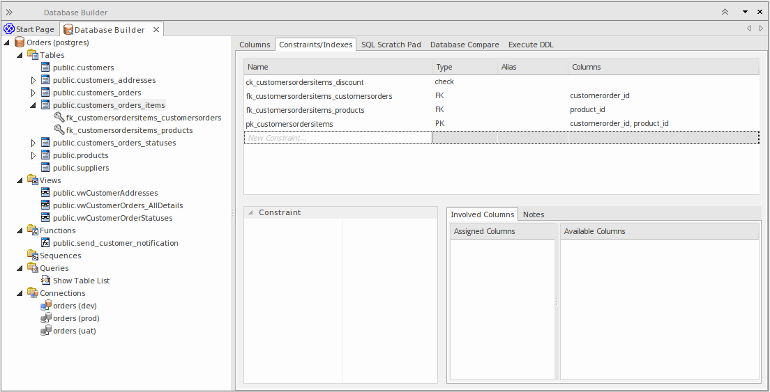 Showing the Constraints/Indexes tab of the Database Builder, in Sparx Systems Enterprise Architect. Showing the Constraints/Indexes tab of the Database Builder, in Sparx Systems Enterprise Architect.
