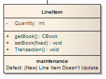 A UML Class element in Sparx Systems Enterprise Architect showing a maintenance compartment containing a defect maintenance item. A UML Class element in Sparx Systems Enterprise Architect showing a maintenance compartment containing a defect maintenance item.