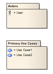 Showing two packages that have been dragged onto a diagram in Sparx Systems Enterprise Architect. Showing two packages that have been dragged onto a diagram in Sparx Systems Enterprise Architect.